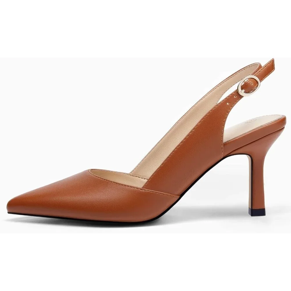 Women's Brown Leather Kitten Heels Closed Pointed Toe Wedding Party Dress Pumps